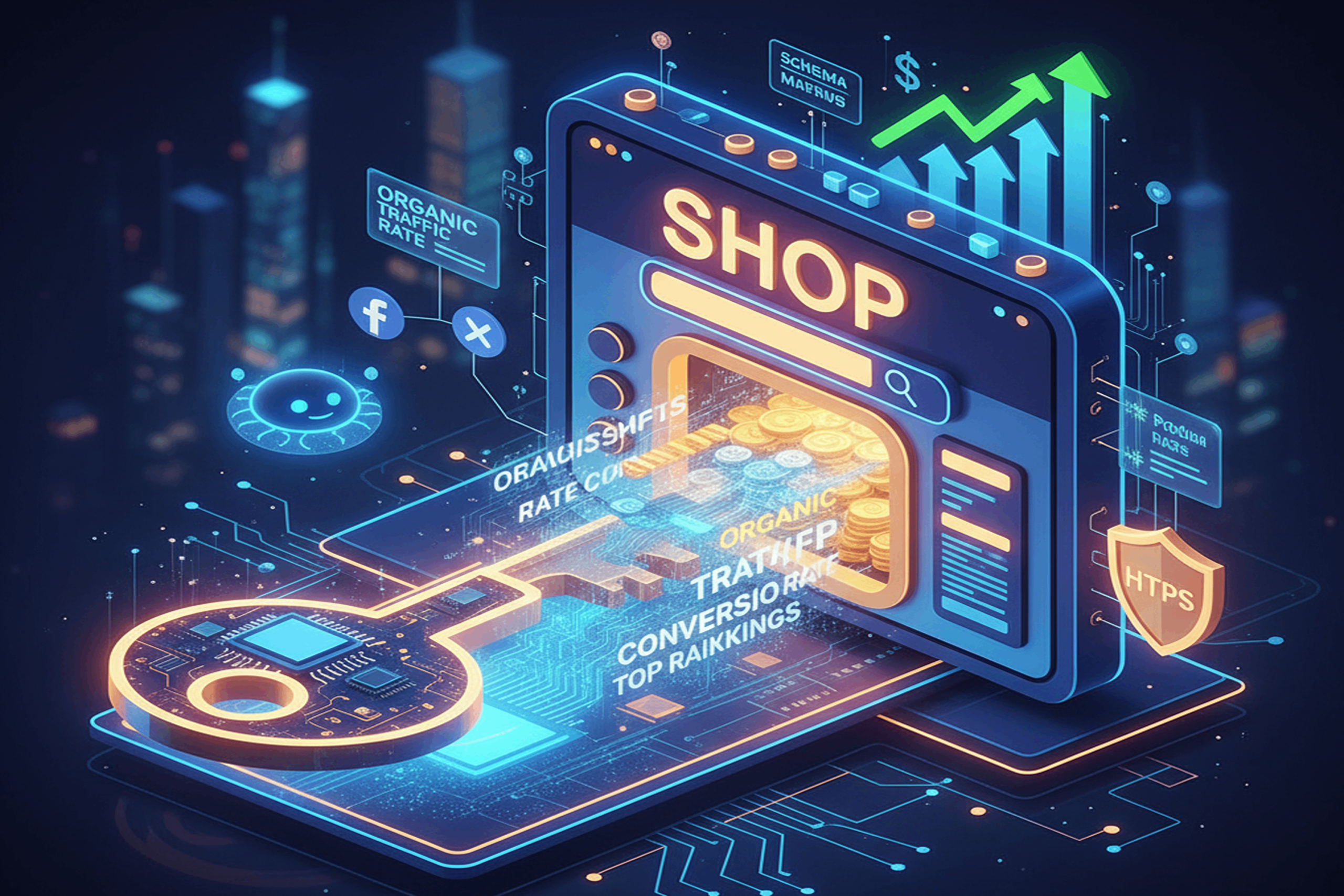  تصویر ایزومتریک از شاه کلید سئو که قفل موفقیت سایت فروشگاهی را باز می‌کند.