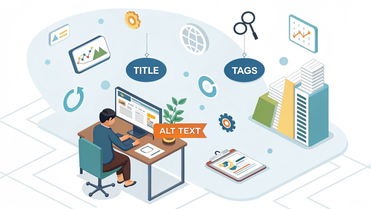 "ایزومتریک از فرآیند بهینه‌سازی سئو داخلی سایت شامل بهینه‌سازی تگ‌ها، متا تگ‌ها و تصاویر"