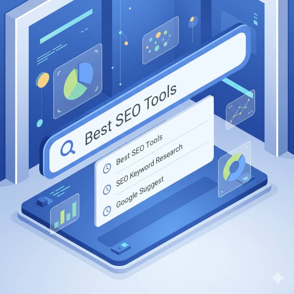 تصویری ایزومتریک از نوار جستجوی گوگل با پیشنهادات مختلف کلمات کلیدی مانند "Best SEO Tools"، "SEO Keyword Research" و "Google Suggest". پس‌زمینه فضای کاری مدرن و دیجیتال با خطوط تمیز و رنگ‌های شاد است.