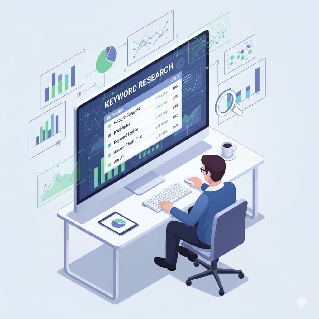 تصویری ایزومتریک از نوار جستجوی گوگل با پیشنهادات مختلف کلمات کلیدی مانند "Best SEO Tools"، "SEO Keyword Research" و "Google Suggest". پس‌زمینه فضای کاری مدرن و دیجیتال با خطوط تمیز و رنگ‌های شاد است.