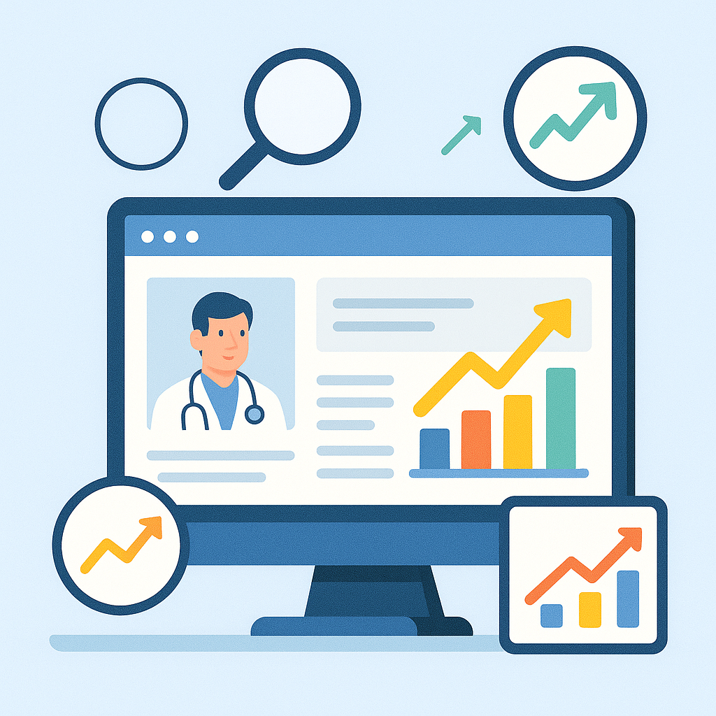 تصویری از یک وب‌سایت پزشکی با نمودارهای رشد و آیکون‌های جستجو که نشان‌دهنده اهمیت سئو سایت پزشکی است.