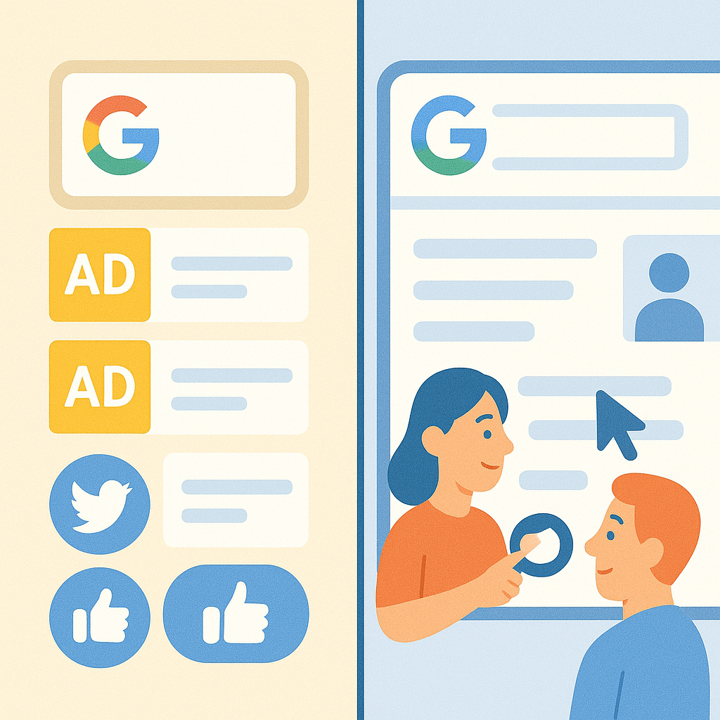 تصویری دو بخشی: یک سمت تبلیغات گوگل و شبکه‌های اجتماعی، سمت دیگر نتایج ارگانیک سئو سایت پزشکی.