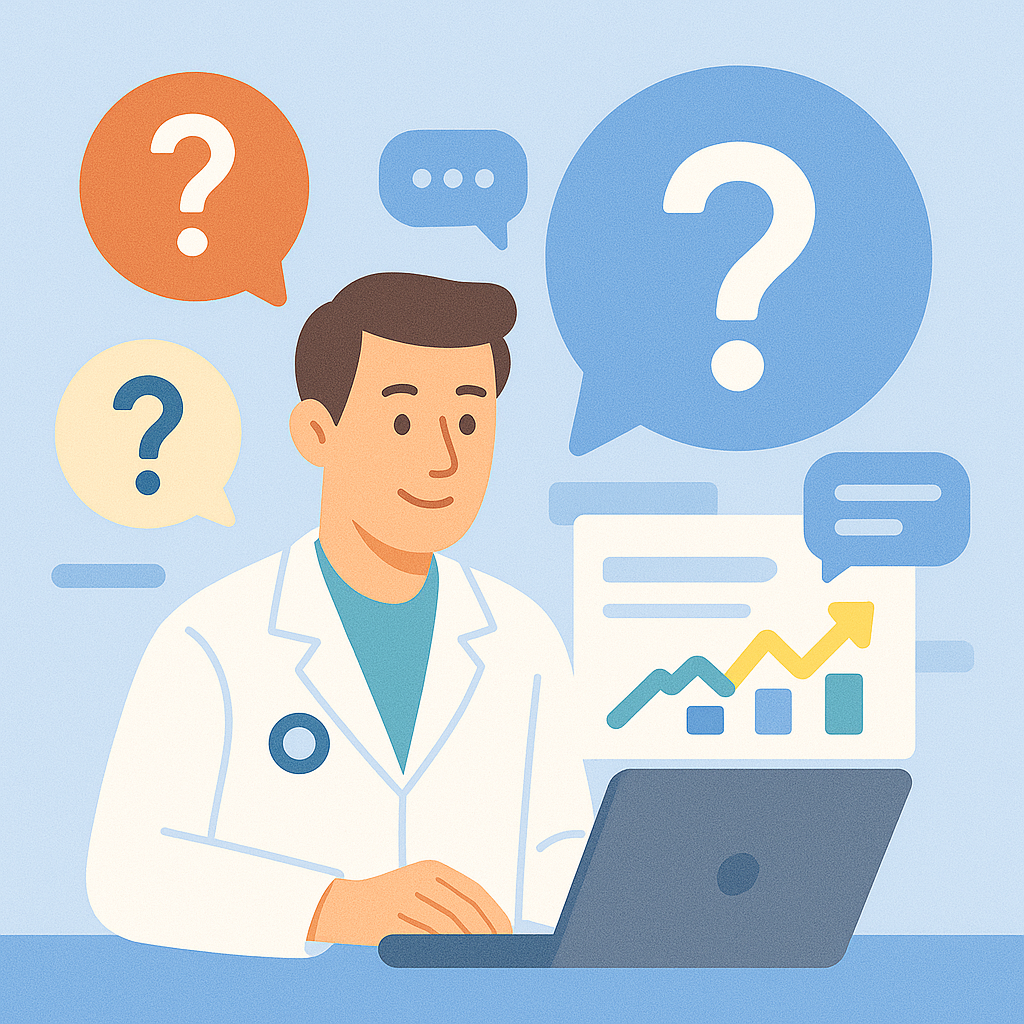 تصویری از پزشکی که در لپ‌تاپ به سوالات بیماران درباره سئو سایت پزشکی پاسخ می‌دهد.