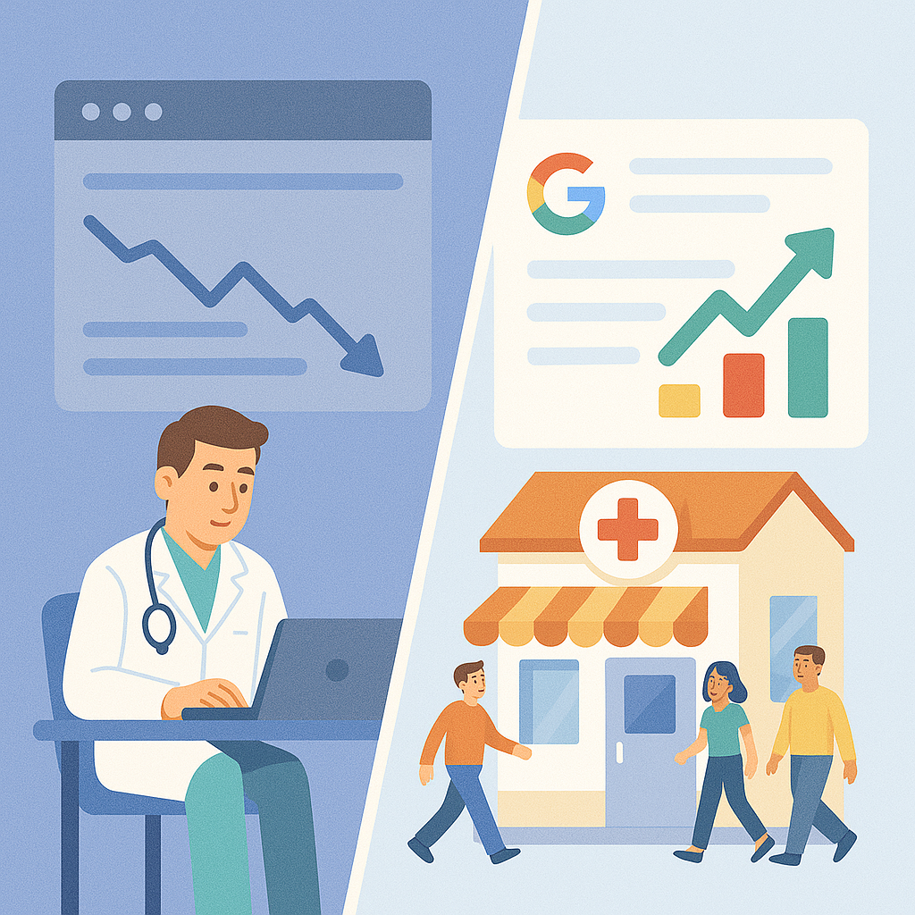 مقایسه قبل و بعد از سئو: سایت پزشکی با ترافیک کم در ابتدا و سپس افزایش ورودی بیماران بعد از بهبود سئو.