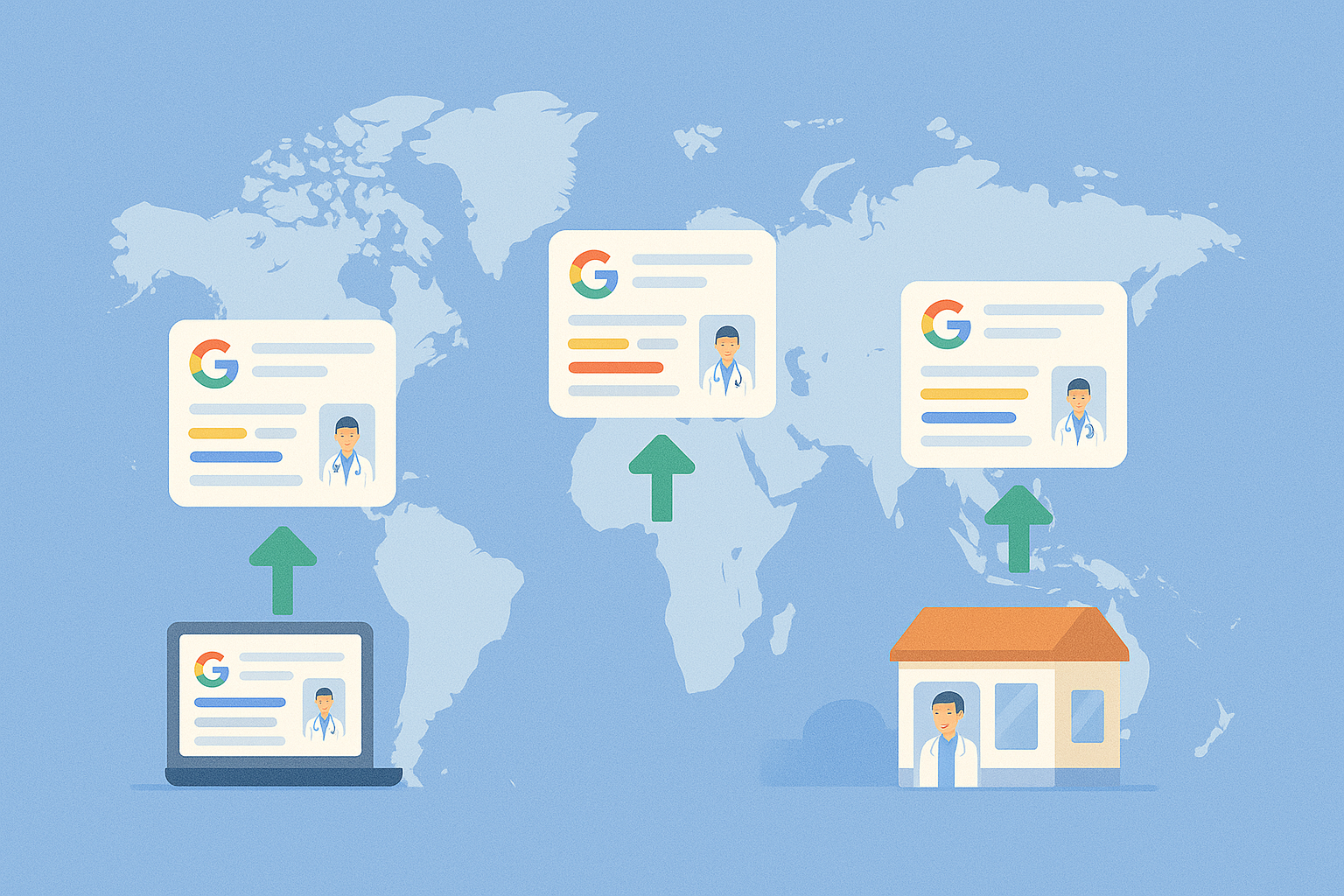 نقشه جهان با آیکون‌های وب‌سایت پزشکی در آمریکا، اروپا و آسیا که نشان‌دهنده سئو بین‌المللی در حوزه سلامت است.