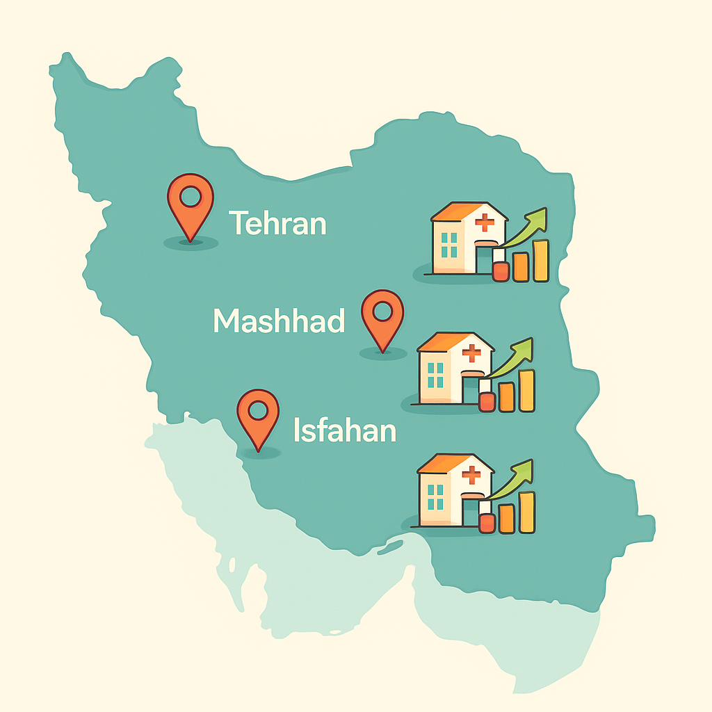 نقشه ایران با شهرهایی مثل تهران، اصفهان، مشهد و شیراز همراه با آیکون‌های کلینیک و نمودار رشد سئو.