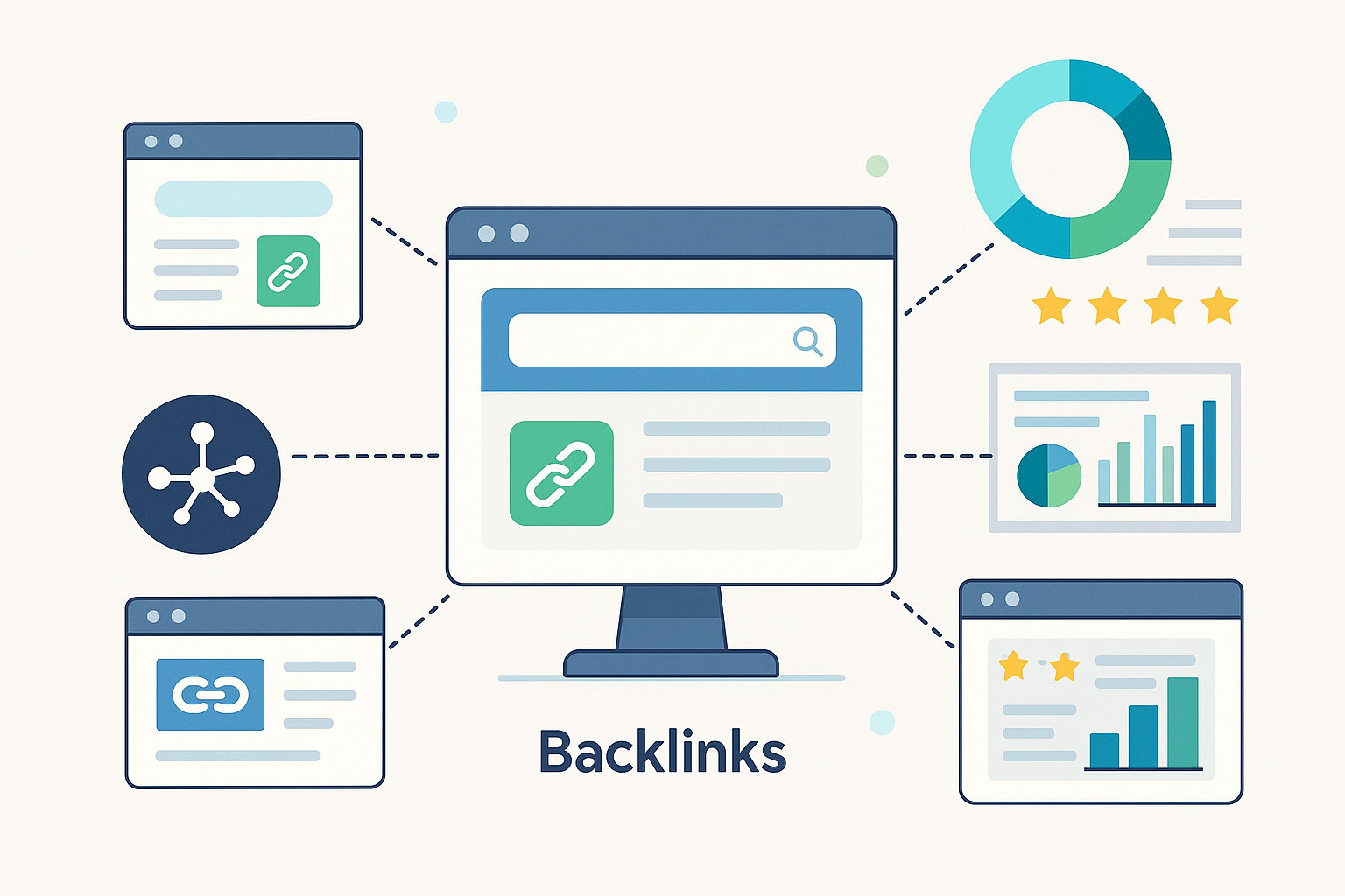 وب‌سایتی که از منابع معتبر خارجی بک‌لینک دریافت می‌کند، نمایش ارتباطات شبکه‌ای و اعتبار سئو.