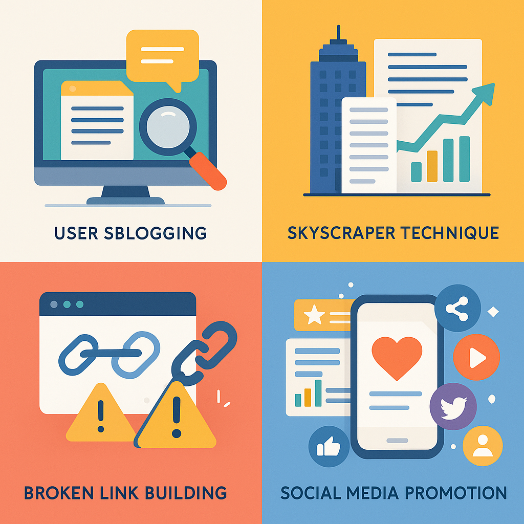 تصویرسازی از تکنیک‌های پیشرفته لینک‌سازی شامل وبلاگ نویسی مهمان، تکنیک آسمان‌خراش و ترویج در شبکه‌های اجتماعی