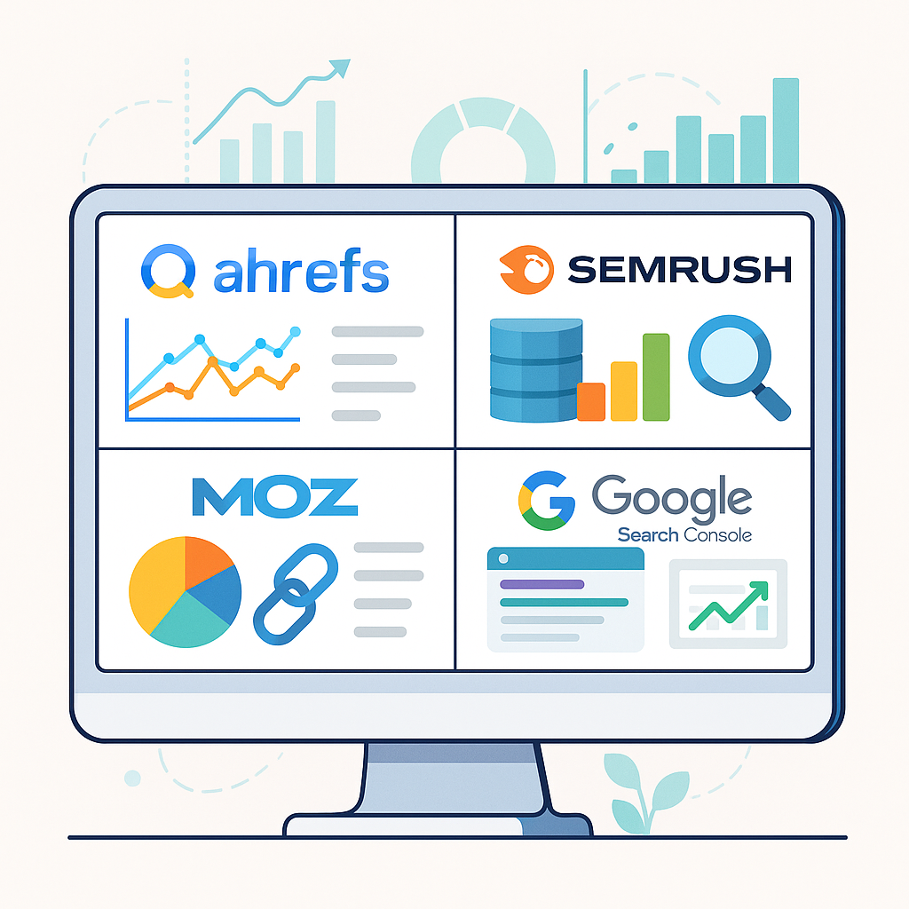 تصویرسازی از داشبورد ابزارهای سئو شامل Ahrefs، SEMrush، Moz و Google Search Console با نمودارها و تحلیل لینک‌ها.