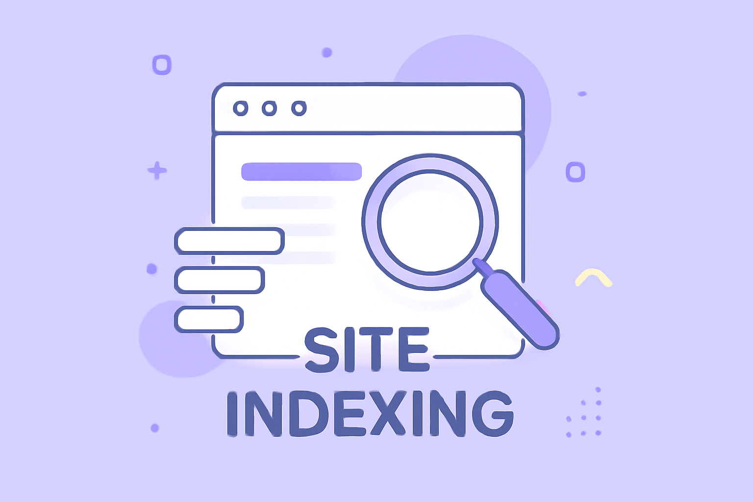 تصویر مدرن و ساده‌ای که مفهوم ایندکس کردن سایت را با طراحی مینیمالیستی و پس‌زمینه بنفش کمرنگ نمایش می‌دهد.