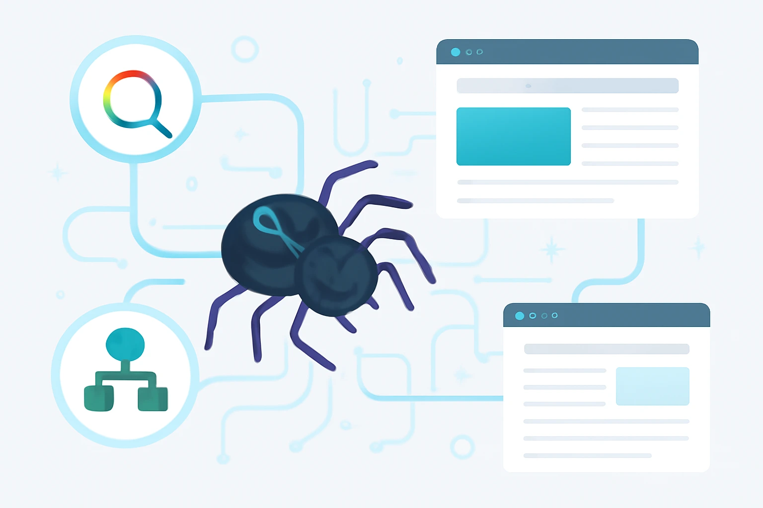 اینفوگرافیک نمایش‌دهنده یک عنکبوت دیجیتال که در حال خزیدن در وب‌سایت است، به صفحات وب متصل شده با خطوط دیجیتال، نمایانگر نحوه حرکت کرالر و ایندکس کردن محتوا.