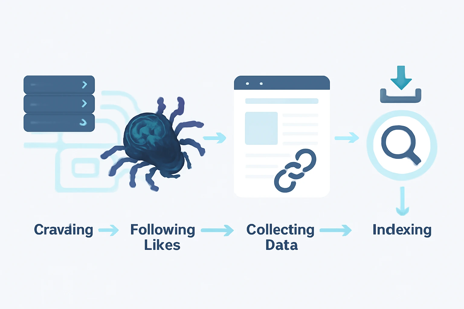 تصویری که فرآیند گام به گام نحوه عملکرد کرالرها را نشان می‌دهد، شامل اسکن صفحات وب، دنبال کردن لینک‌ها، جمع‌آوری داده‌ها و ارسال آن‌ها به ایندکس موتور جستجو.