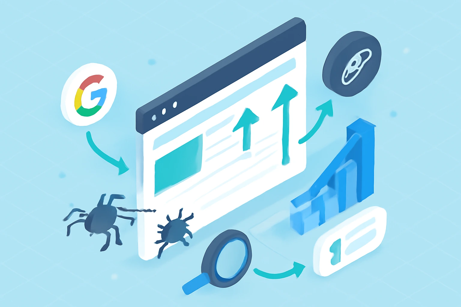 تصویری ایزومتریک که یک وب‌سایت را نشان می‌دهد، با فلش‌هایی که تاثیر کرالرها بر سئو را نمایان می‌کند، شامل ایندکس کردن، بودجه خزیدن و ساختار سایت، همراه با نمادهای موتور جستجو و افزایش ترافیک وب.