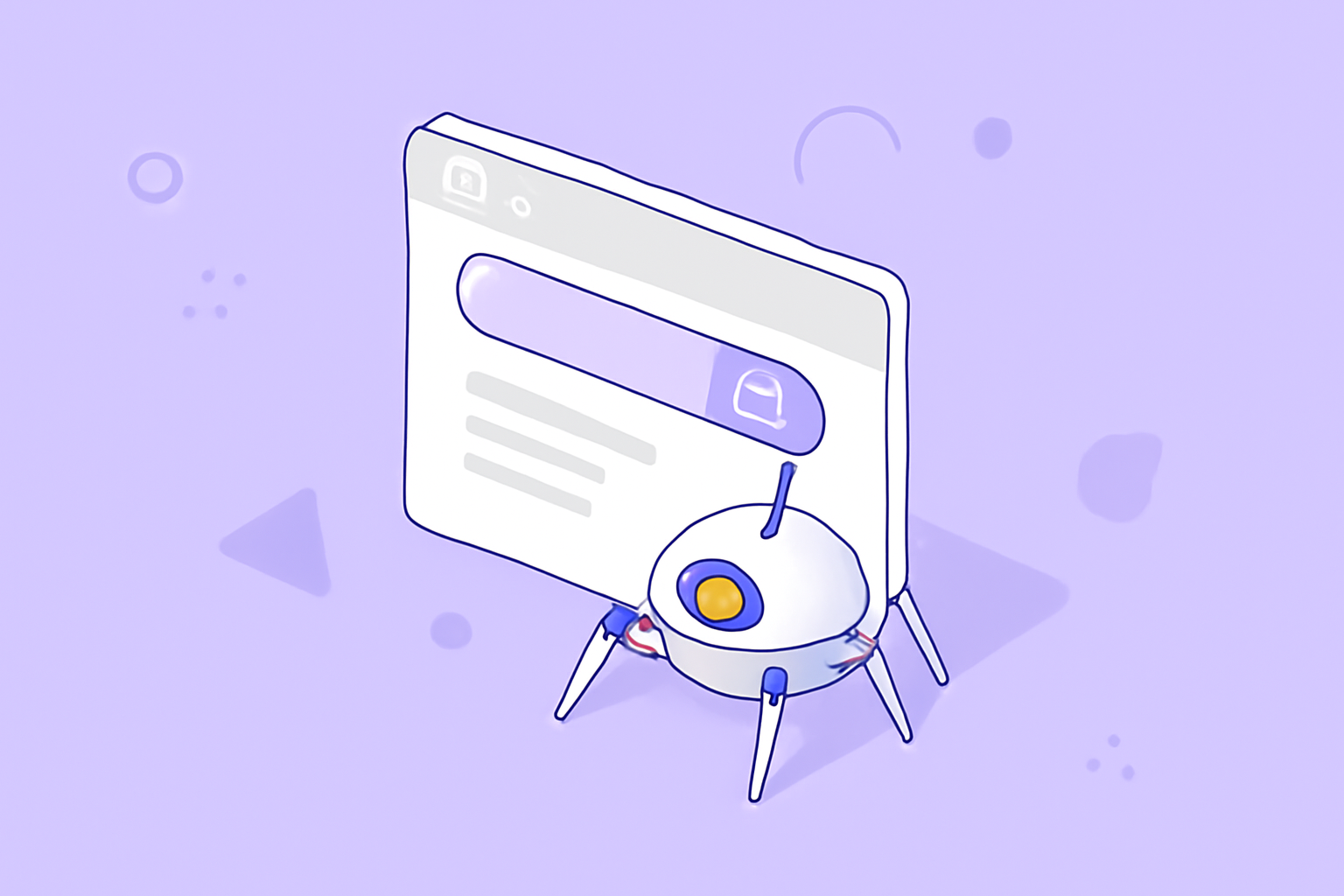 تصویر ایزومتریک که خزیدن موتور جستجو به سایت را نشان می‌دهد با طراحی ساده و پس‌زمینه بنفش.