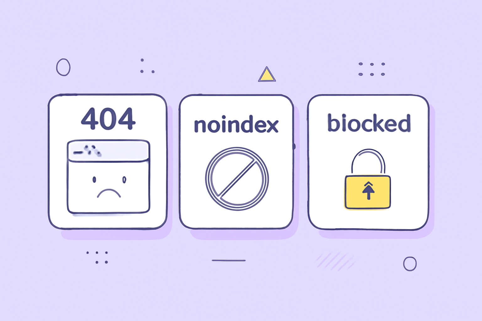 تصویر مشکلات رایج ایندکس سایت مانند خطای 404 و صفحات مسدود شده با آیکون‌های ساده و رنگ‌های ملایم.