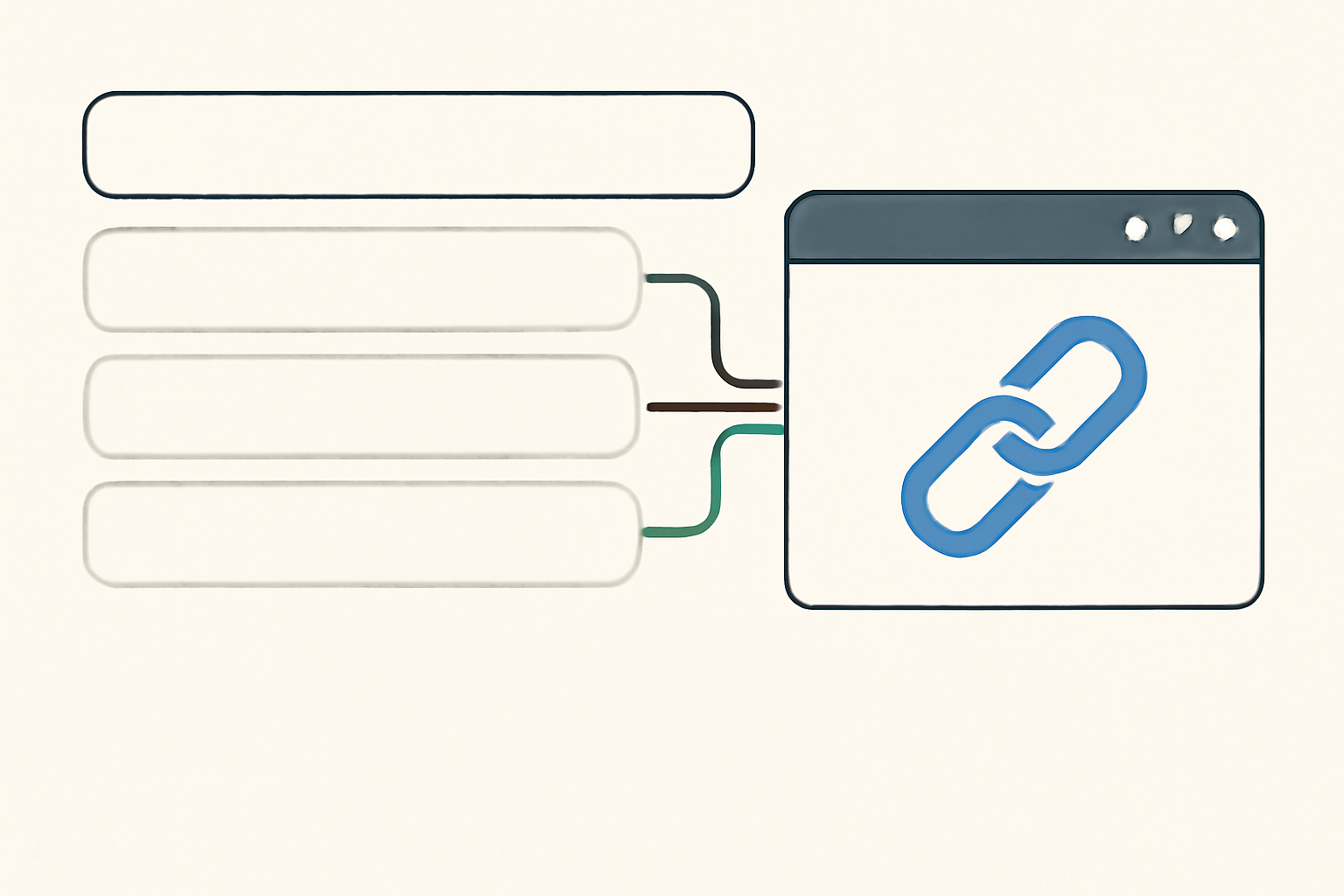 تصویر دیجیتال با طراحی تخت که فرآیند لینک‌سازی خارجی از طریق پیشنهادات کلمات کلیدی را نشان می‌دهد. شامل نوار جستجو، جعبه‌های پیشنهادات و آیکون لینک زنجیره‌ای در پنجره مرورگر است