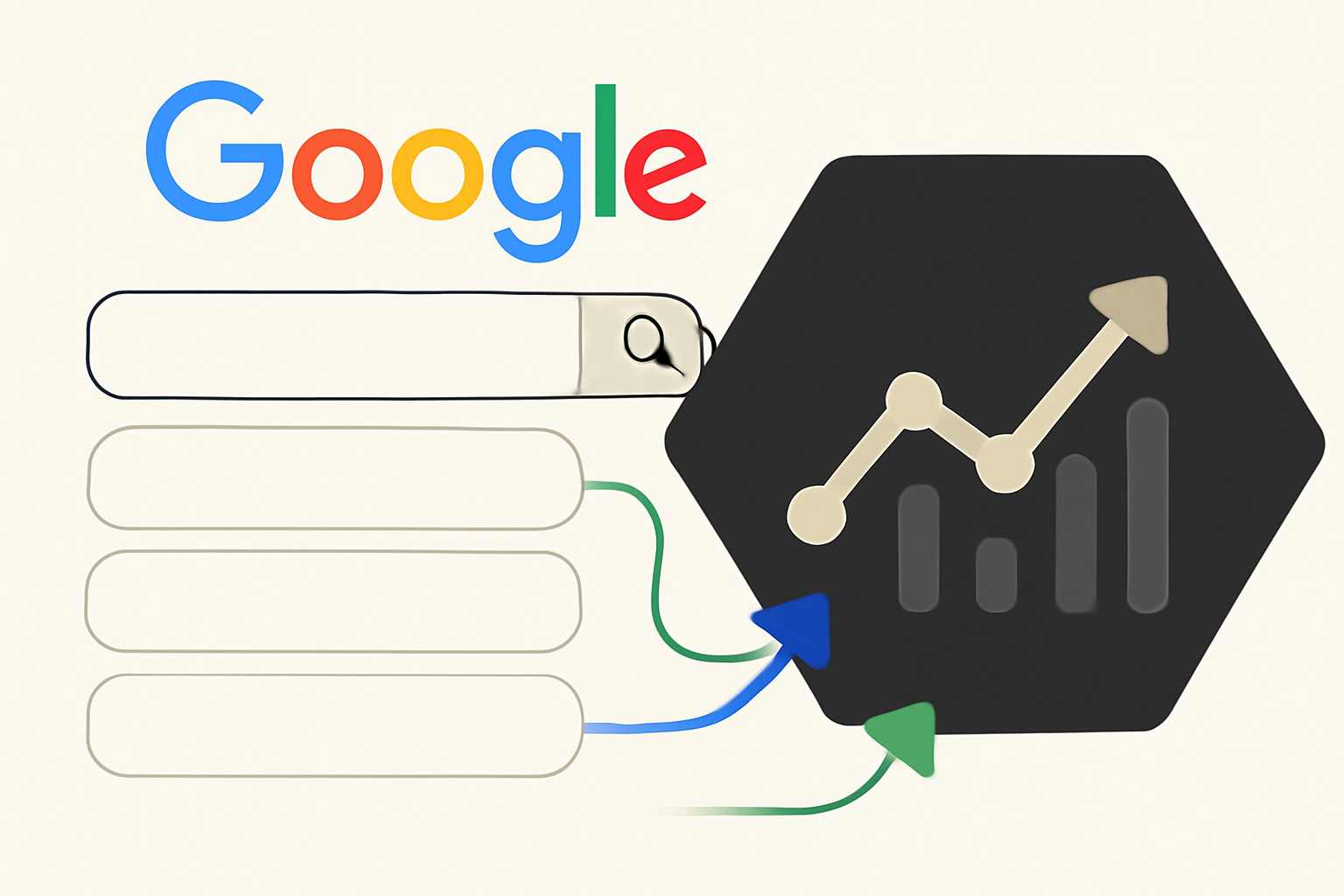 تصویر دیجیتال با طراحی تخت که Google Suggest و تحولات الگوریتم‌های جستجو را نشان می‌دهد. شامل نوار جستجو، پیشنهادات کلمات کلیدی و آیکون نمودار خطی نشان‌دهنده آپدیت‌های الگوریتم است.