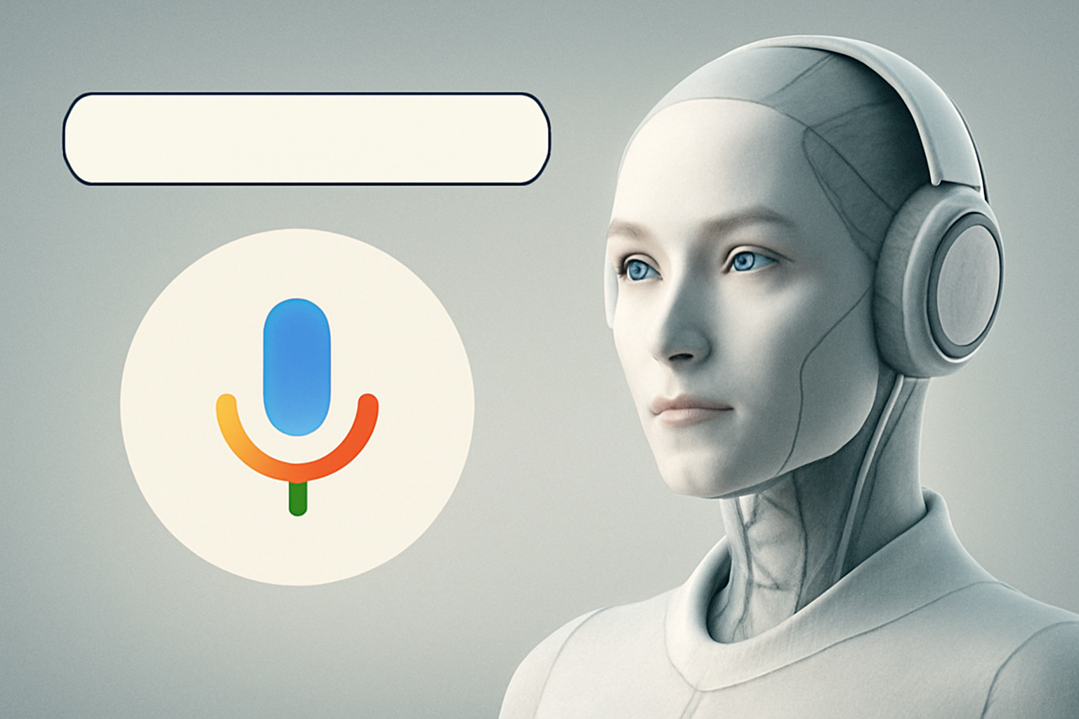 تصویر دیجیتال از یک ربات زن انسان‌نما با هدفون سفید و نوار جستجو و آیکون میکروفن در کنار آن. پس‌زمینه تصویر به رنگ خاکستری ملایم است.
