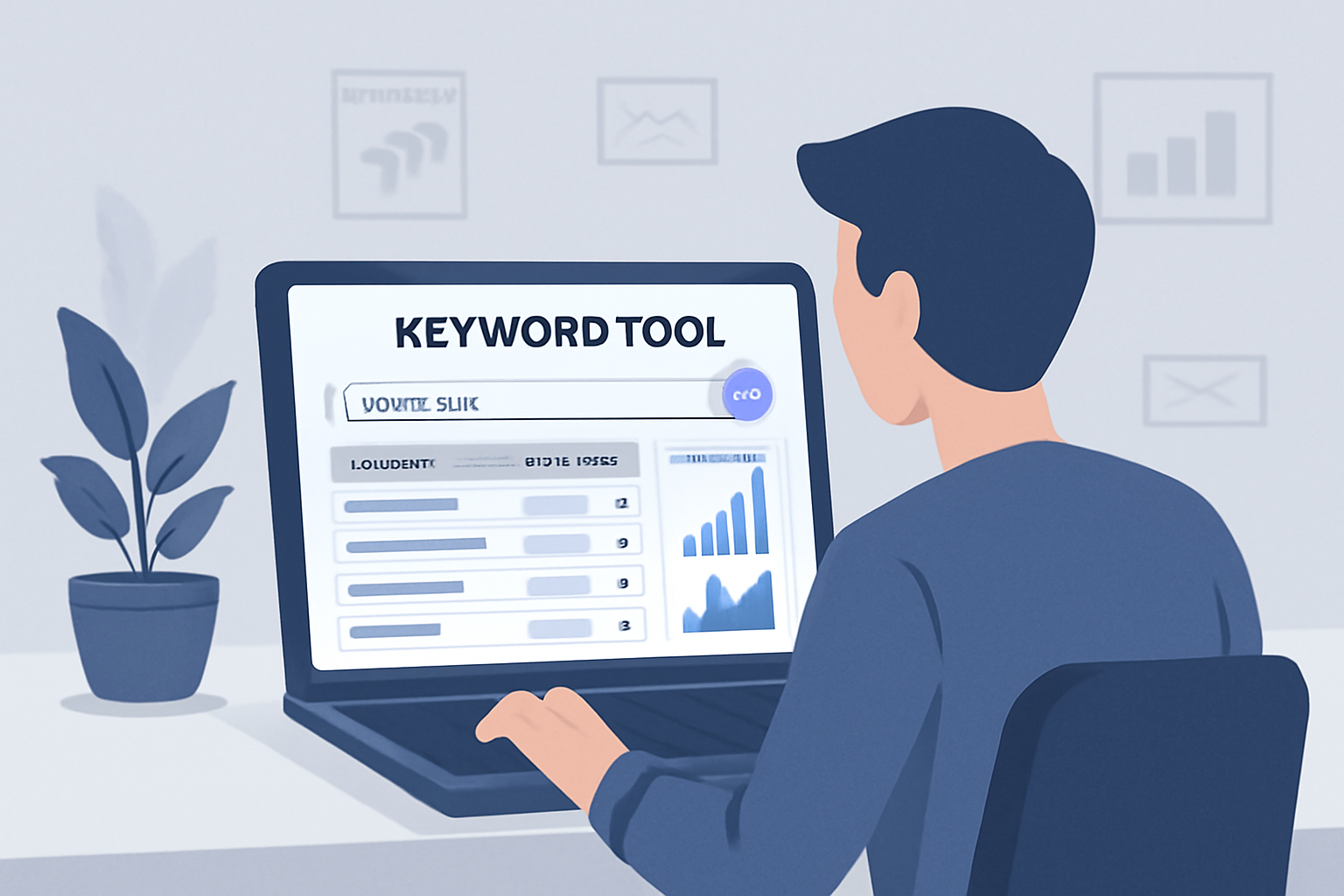 یک متخصص سئو در حال استفاده از ابزار کیوورد تول روی لپتاپ برای انجام تحقیق کلمات کلیدی که حجم جستجو، رقابت و پیشنهادات کلمات کلیدی را نمایش میدهد.