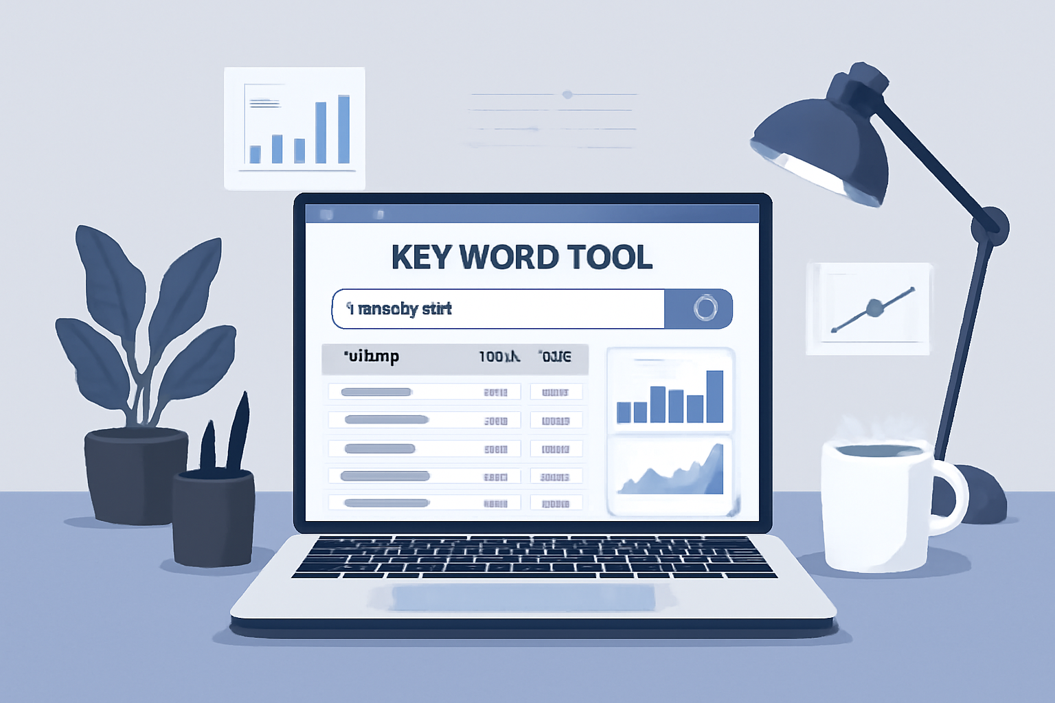 یک فضای کاری مدرن سئو با نمایش رابط کاربری ابزار کیوورد تول بر روی لپتاپ که نتایج تحقیق کلمات کلیدی، نمودارها و آمار را نشان میدهد.