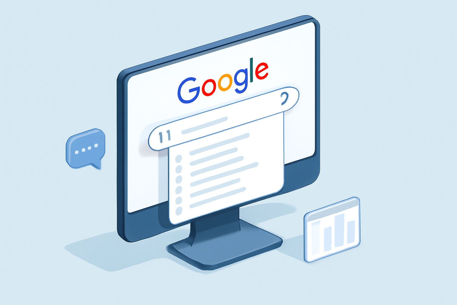 تصویری ایزومتریک از صفحه کامپیوتر که پیشنهادات جستجو گوگل با کلمات کلیدی مرتبط به Google Suggest نمایش داده می‌شود."