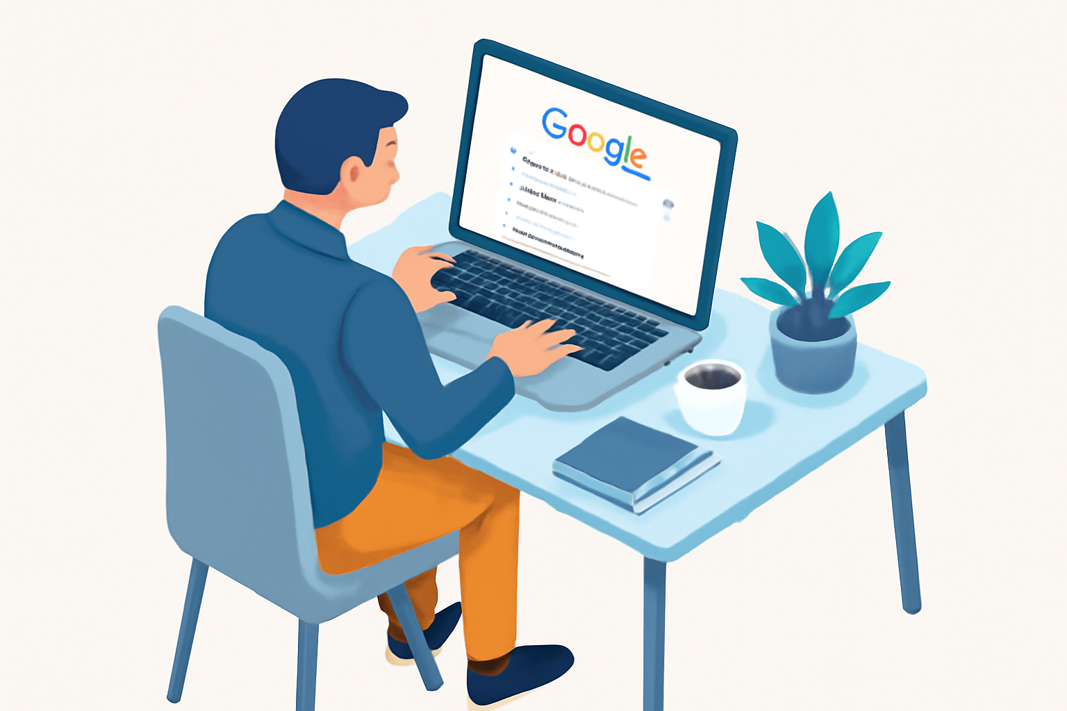 تصویری ایزومتریک از یک متخصص دیجیتال مارکتینگ که از Google Suggest روی لپ‌تاپ برای یافتن کلمات کلیدی سئو استفاده می‌کند.