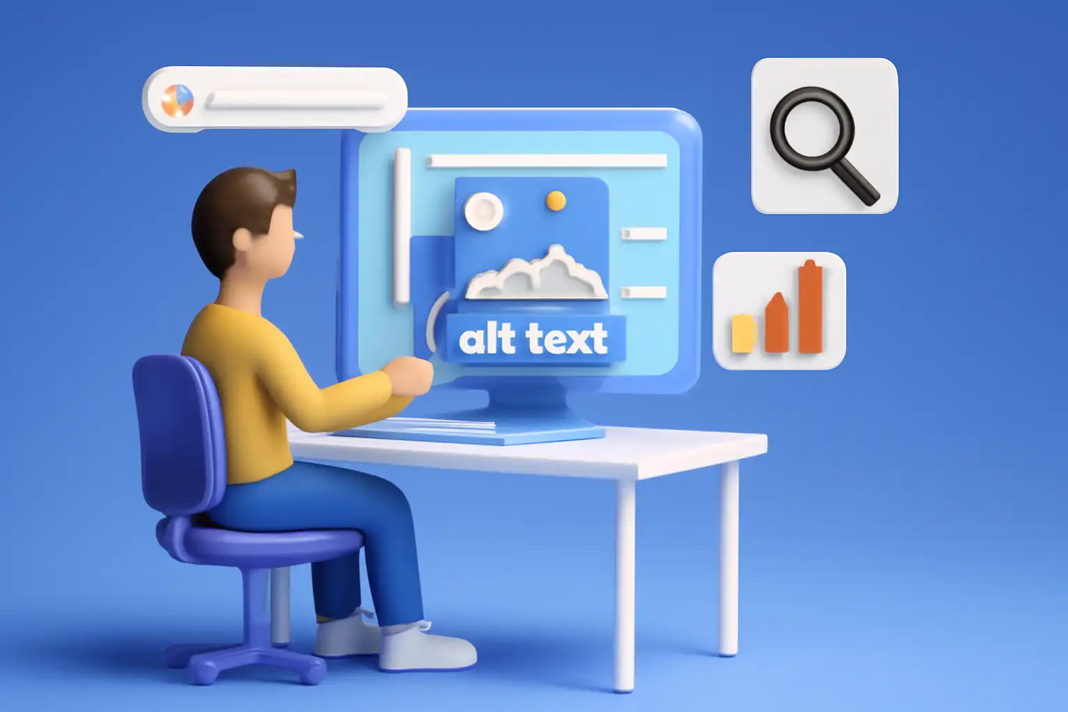 پسری در حال جستجوی متن جایگزین مناسب