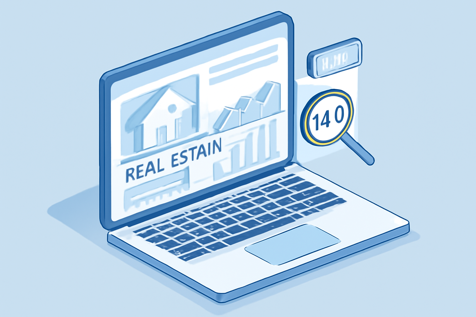 تصویری ایزومتریک از سایت املاک مدرن در صفحه لپ‌تاپ با نمودارها، گراف‌ها و المان‌های سئو مانند کلمات کلیدی و رتبه‌بندی.