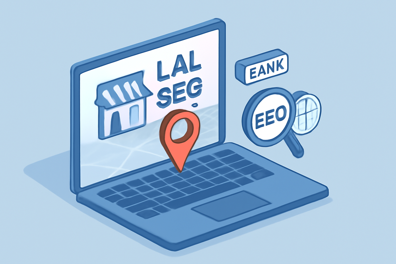 تصویری ایزومتریک از سایت سئو محلی برای املاک روی لپ‌تاپ با نقشه دیجیتال و علامت مکان قرمز، همراه با آیکون‌های سئو و برچسب "LOCAL SEO".