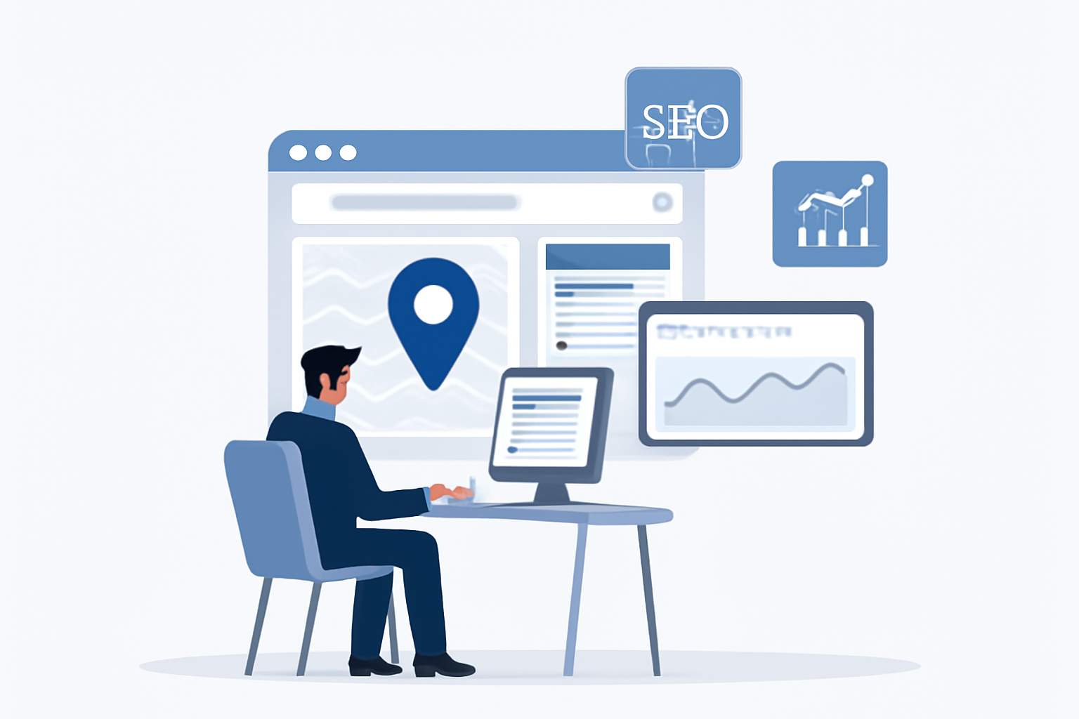 تصویری ایزومتریک از مشاور املاک در حال بهینه‌سازی سایت برای سئو، با نمایش نتایج جستجو، نقشه دیجیتال و ابزارهای سئو مانند Google Analytics.