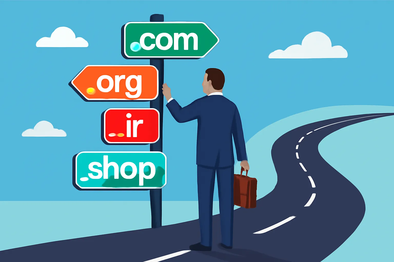 مسیر که در ابتدای آن چند تابلو راهنمایی وجود دارد با نوشتههای .com, .org, .ir, .shop و یک کارآفرین که در حال انتخاب مسیر درست