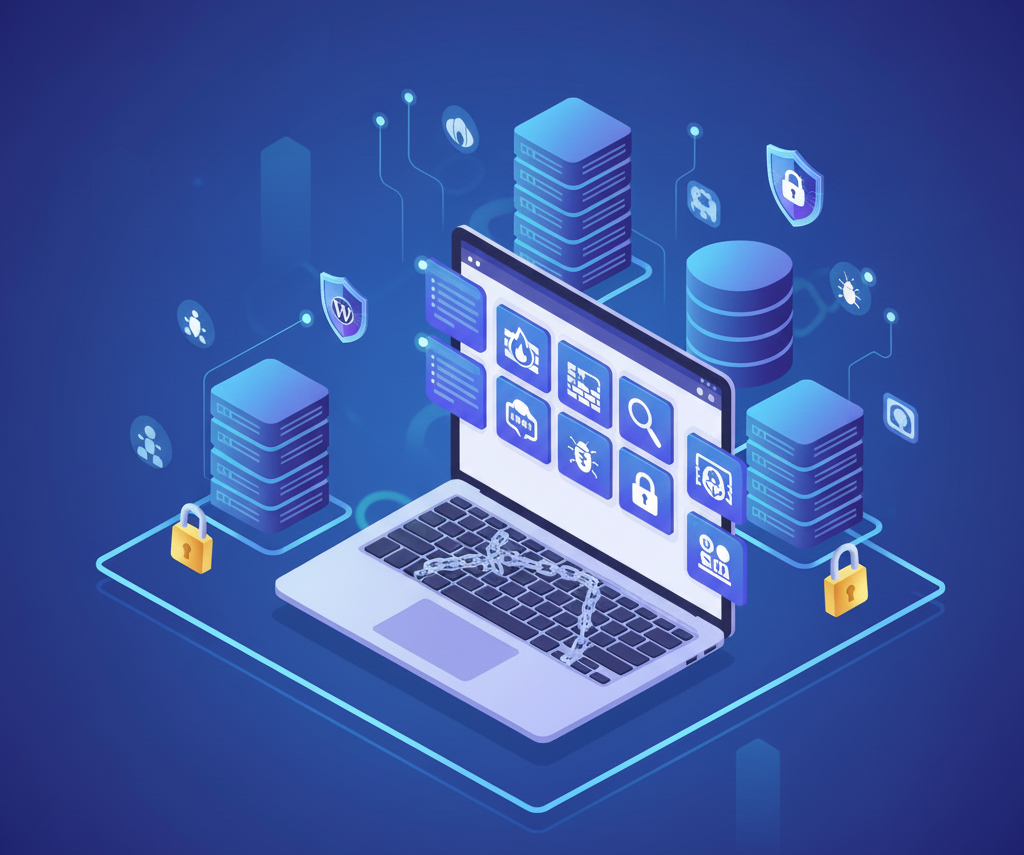 تصویر ایزومتریک از افزونههای امنیت وردپرس شامل فایروال، شیلد و اسکن بدافزار.