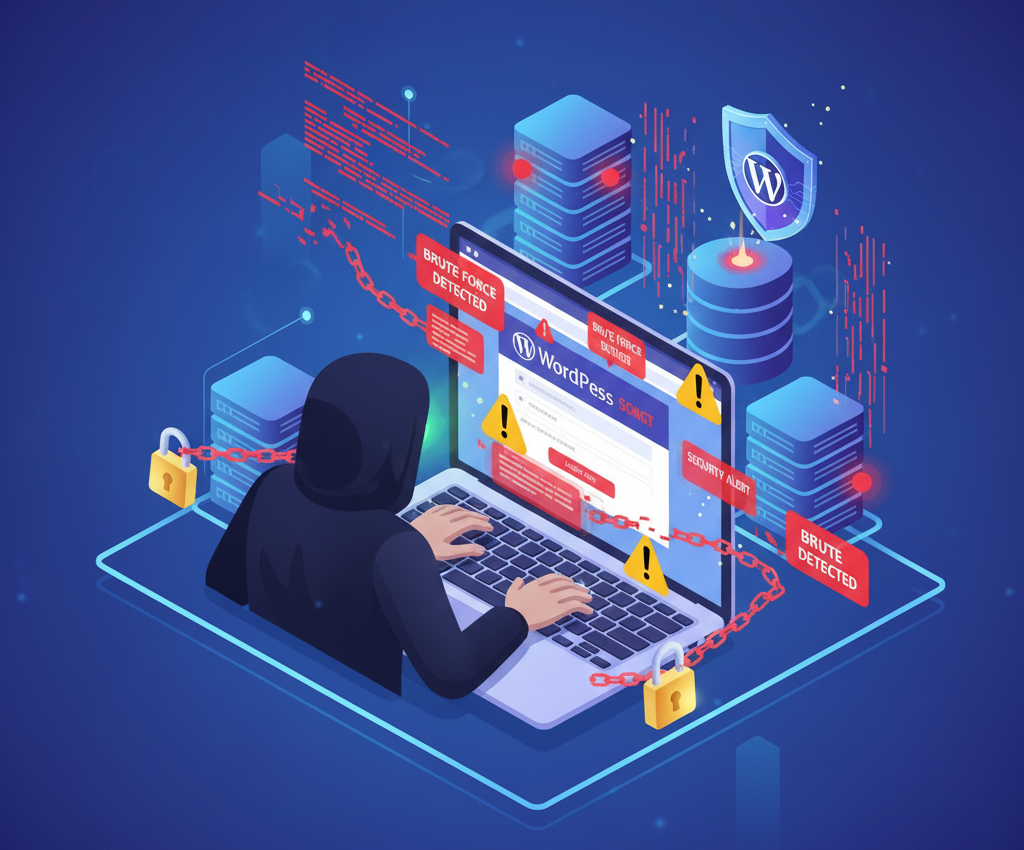 تصویر ایزومتریک از حمله بروت فورس به صفحه ورود وردپرس با هشدارهای امنیتی.