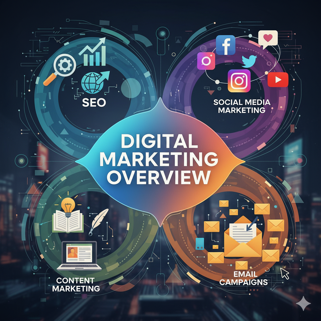 تصویر استراتژیهای دیجیتال مارکتینگ شامل سئو، بازاریابی شبکههای اجتماعی، بازاریابی محتوا و کمپینهای ایمیلی که با آیکونهای مدرن نمایش داده شدهاند.