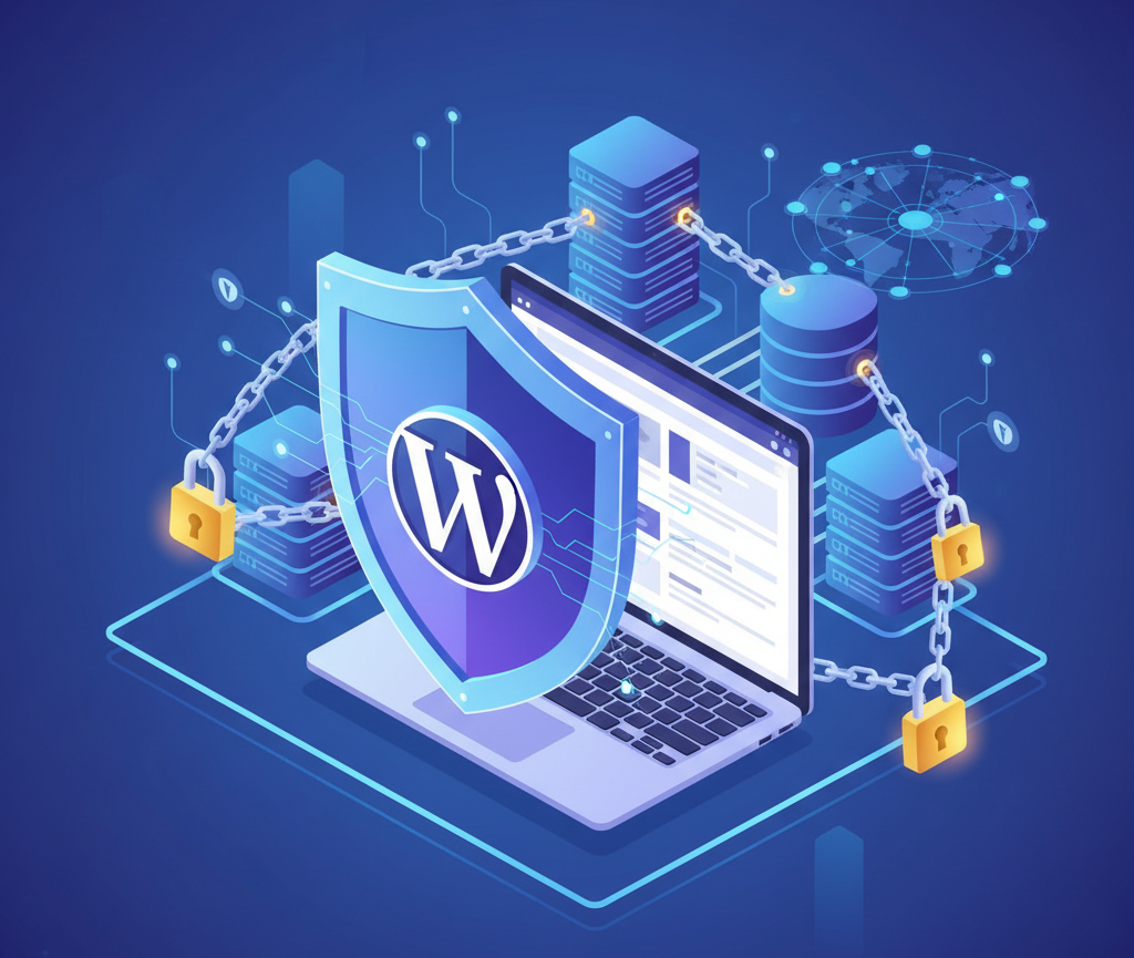تصویر ایزومتریک از امنیت وردپرس با سپر دیجیتال و قفلهای محافظتی