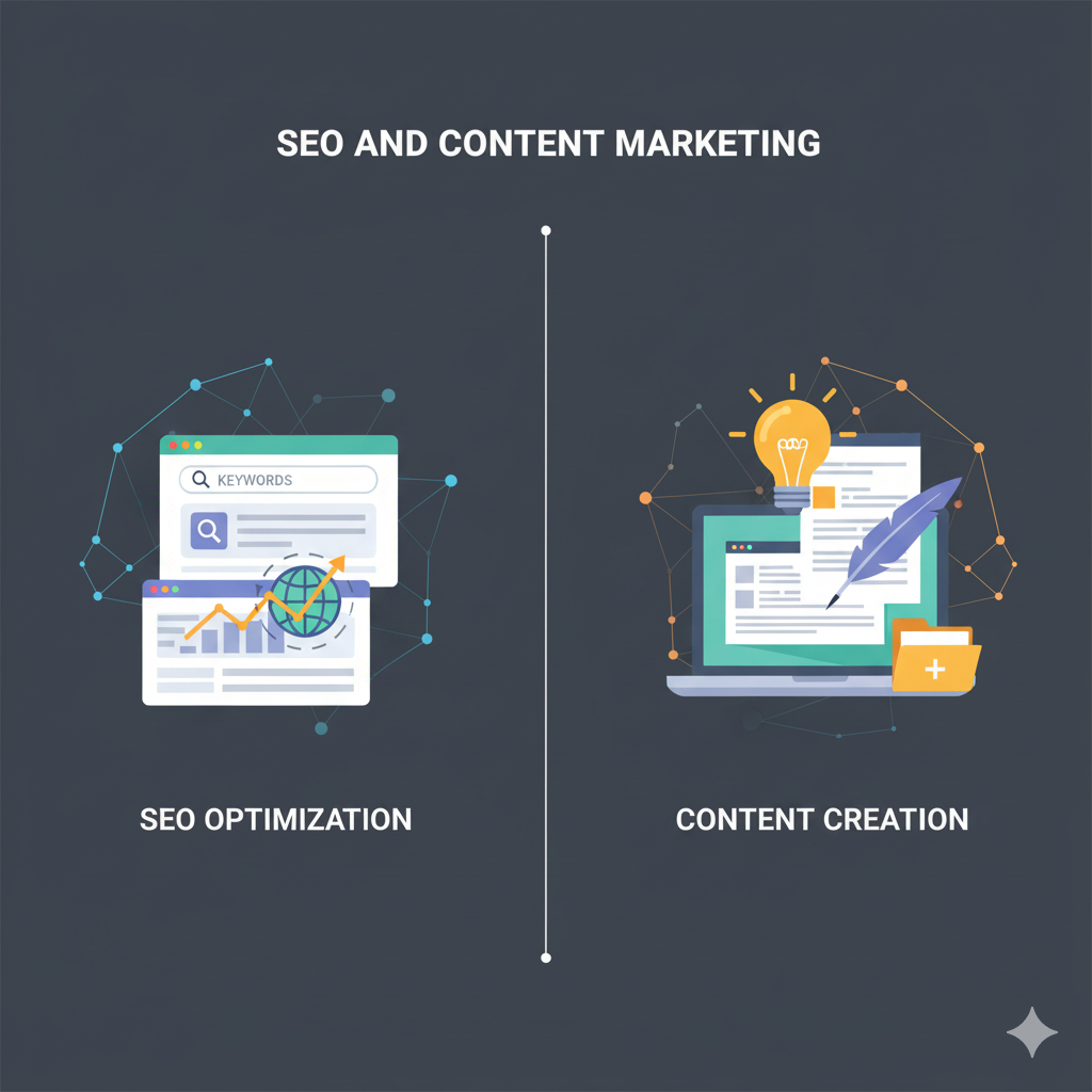 تصویر تقسیمشده که سئو و بهینهسازی در یک طرف با تحقیق کلمات کلیدی و ایجاد محتوا در طرف دیگر، که شامل موتور جستجو و عناصر محتوای وب است.
