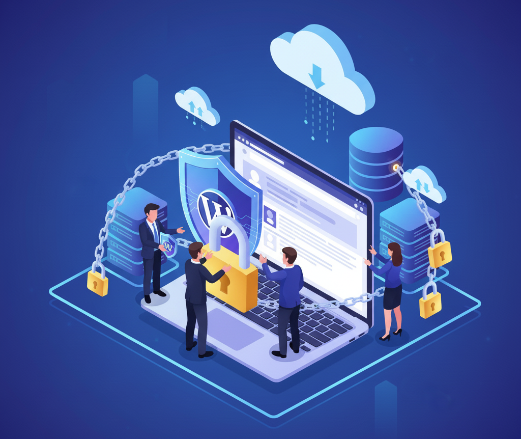 تصویر ایزومتریک از تیمی که سایت وردپرس را با قفل، سپر و بکاپ ابری ایمن میکنند.