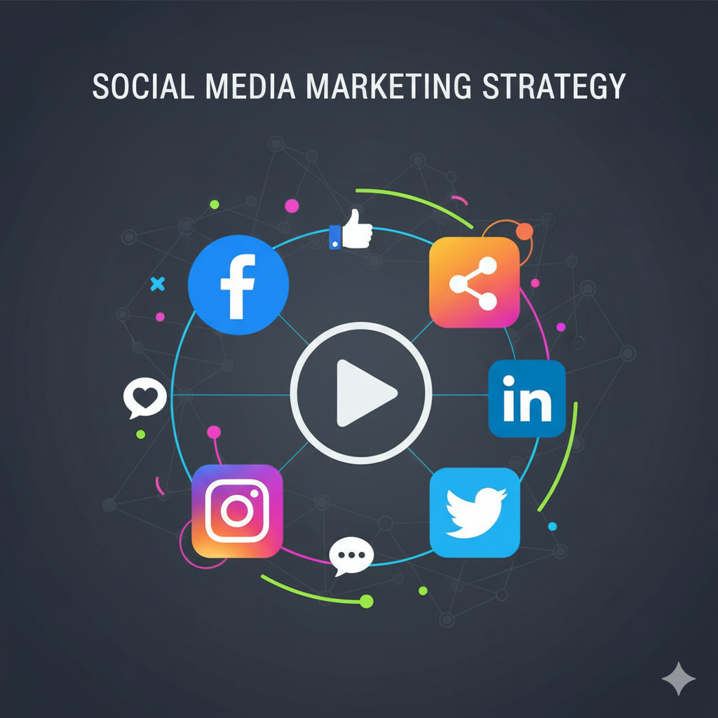 تصویر استراتژی بازاریابی شبکههای اجتماعی با پلتفرمهایی مانند فیسبوک، اینستاگرام، لینکدین و توییتر که تعاملات از طریق لایکها، اشتراکگذاریها و نظرات نمایش داده شده است.