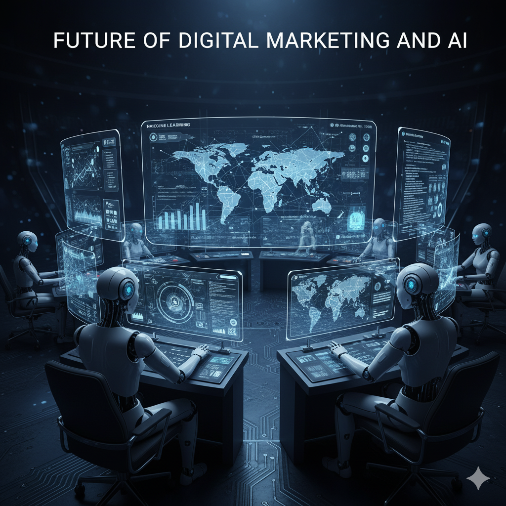 تصویر آینده دیجیتال مارکتینگ که هوش مصنوعی در آن ادغام شده است، با رباتهایی که دادهها را تجزیه و تحلیل میکنند، کمپینها را بهینه میکنند و از الگوریتمهای یادگیری ماشین و هوش مصنوعی استفاده میکنند.