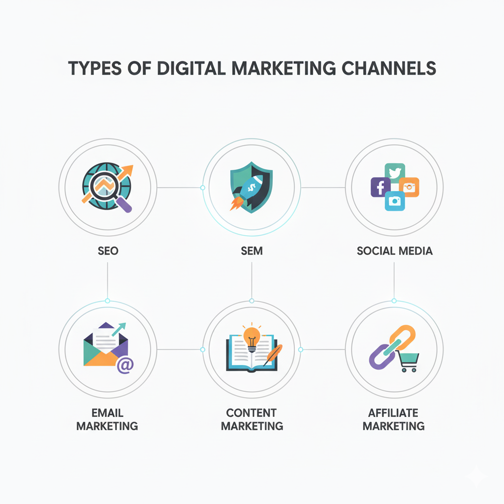 اینفوگرافیک کانالهای دیجیتال مارکتینگ مانند سئو، SEM، شبکههای اجتماعی، بازاریابی ایمیلی و افیلیت مارکتینگ، که با آیکونهای تمیز و مینیمالیستی نمایش داده شده است.