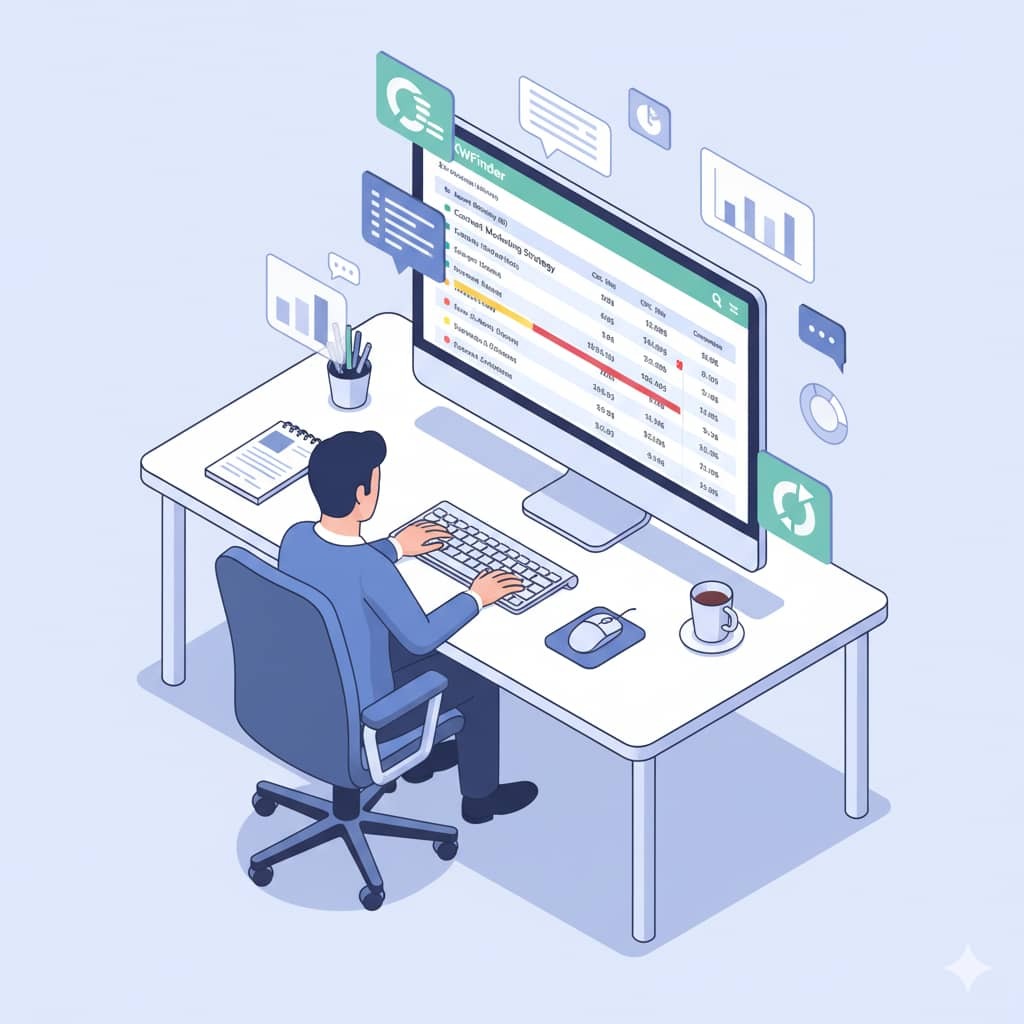 تصویری ایزومتریک از فضای کاری دیجیتال با شخصی که در حال تحلیل کلمات کلیدی بر روی صفحه نمایش کامپیوتر است. صفحه نمایش شامل لیستی از ابزارهای بررسی کلمه کلیدی مانند Google Suggest، KWFinder و KeywordTool.io است. ابزار های بررسی کلمه کلیدی 