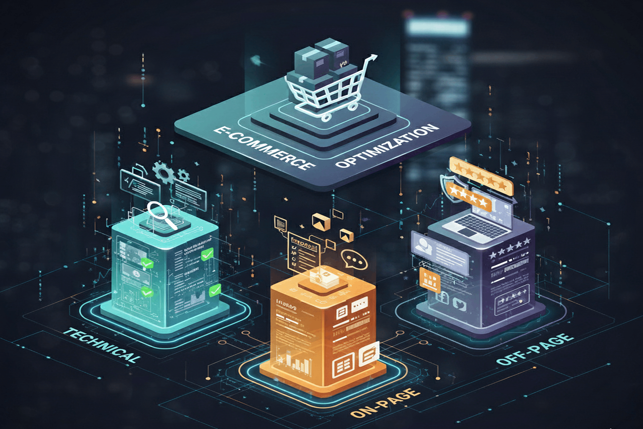  تصویر ایزومتریک از سه ستون (فنی، محتوایی، اعتبار) که سئو سایت فروشگاهی را تشکیل می دهند.