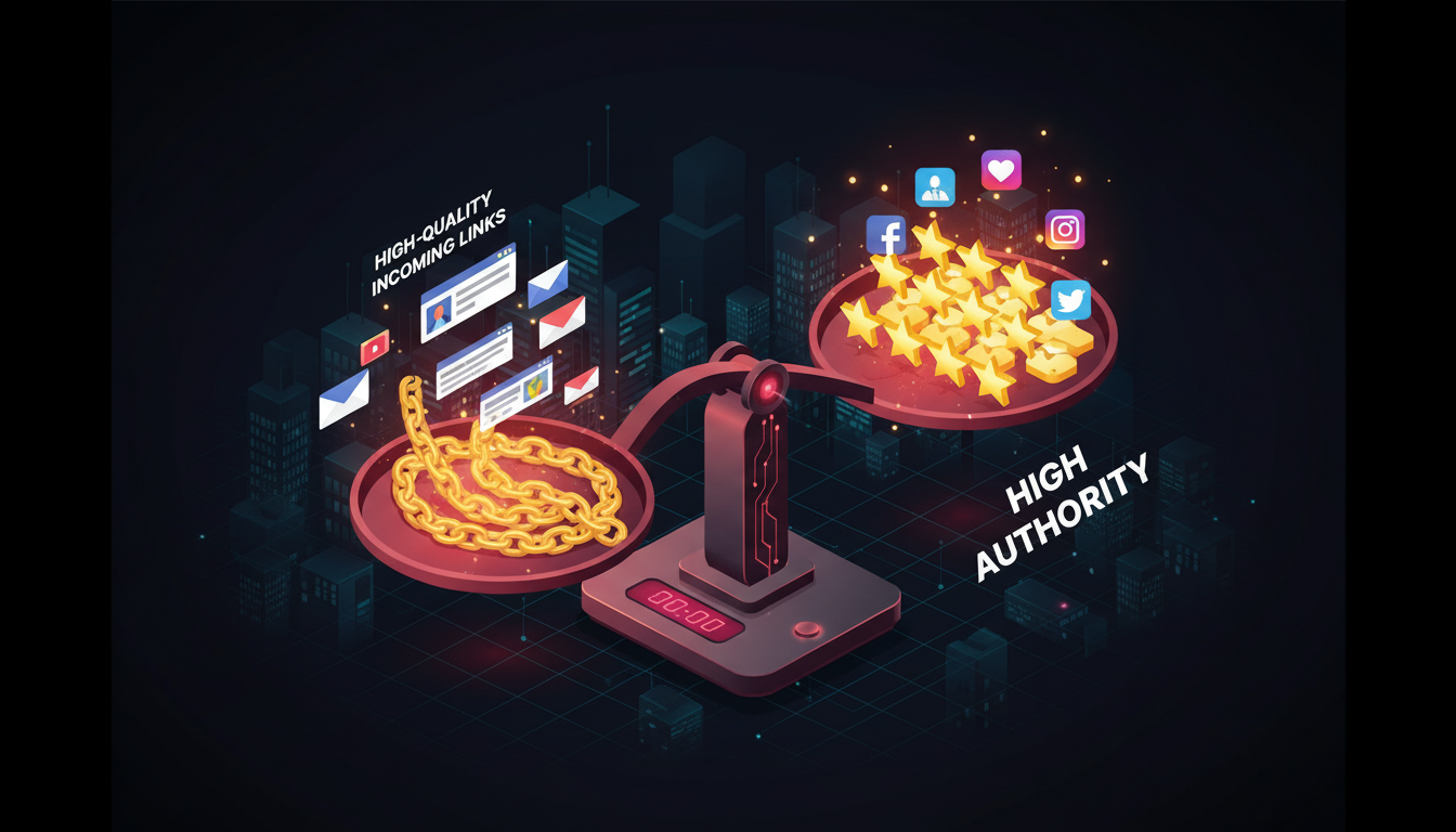 تصویر ایزومتریک از ترازوی دیجیتال سئو Off-Page که لینک‌های باکیفیت و نظرات مشتریان، اعتبار برند را بالا می‌برند.