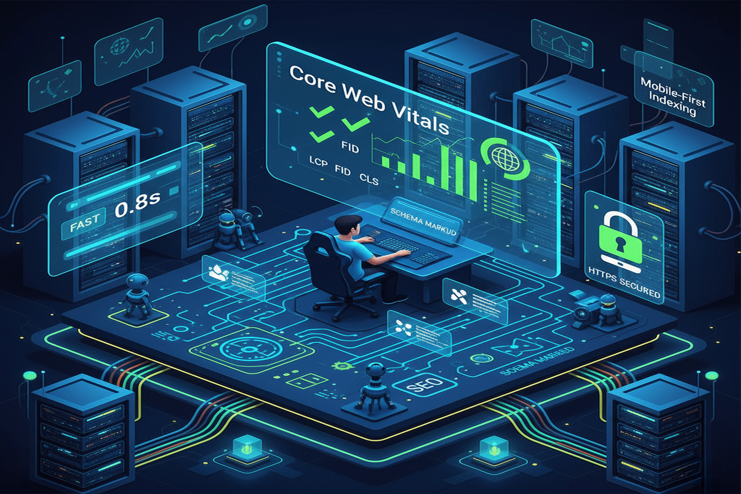 تصویر ایزومتریک از زیرساخت فنی سئو، شامل سرور پرسرعت و داده‌های ساختاریافته.