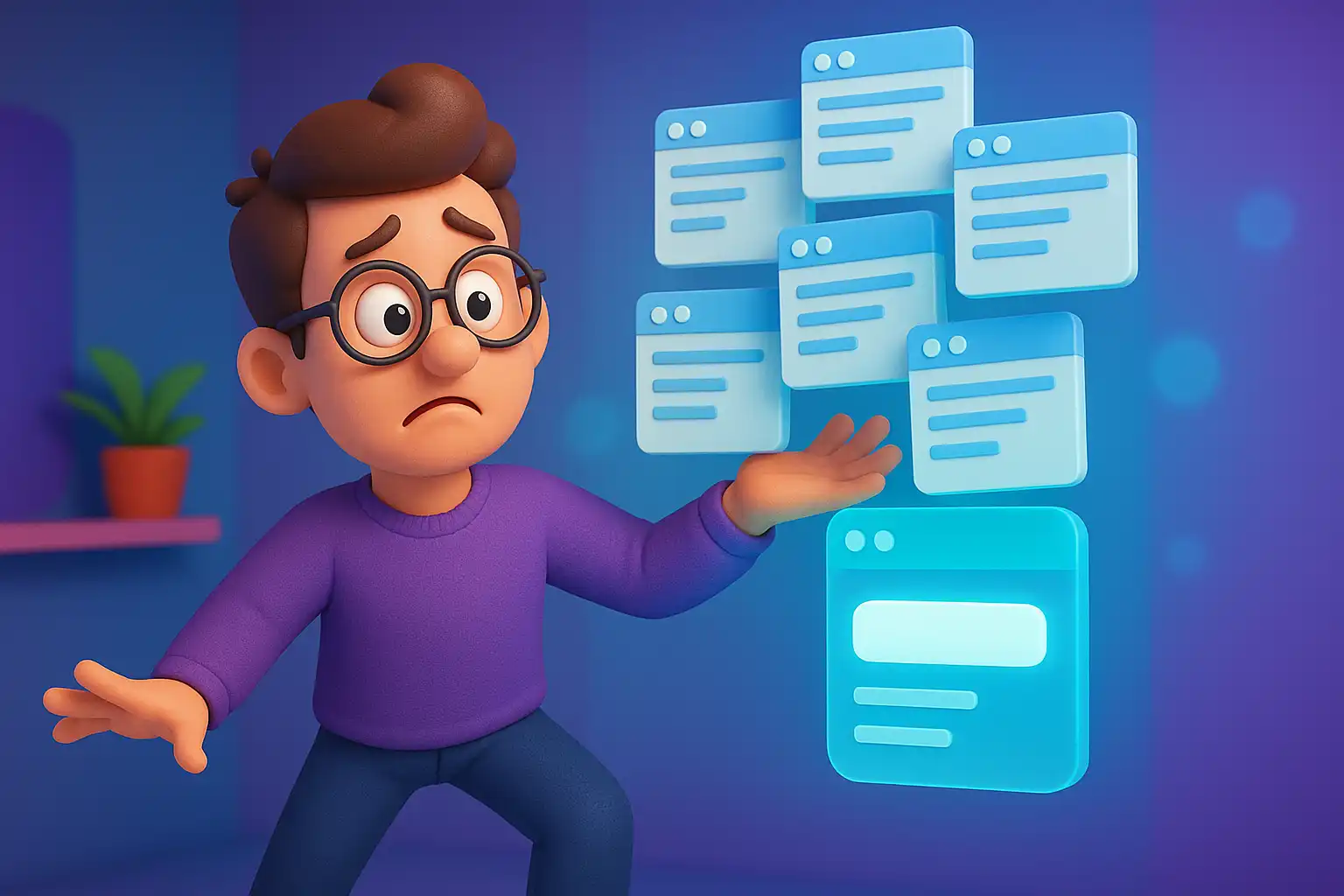 «کاراکتر سه‌بعدی کارتونی در حال تلاش برای متعادل نگه داشتن چند صفحه وب مشابه در برابر یک صفحه اصلی درخشان، نشان‌دهنده تمرکز سئو با تگ کنونیکال