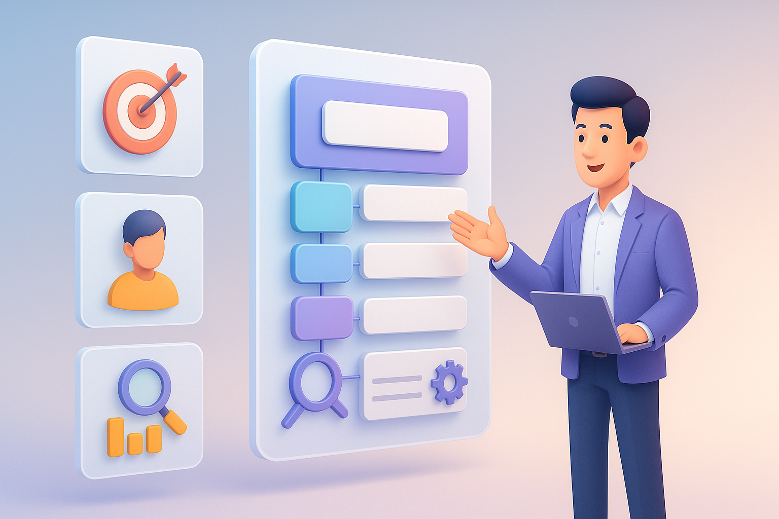 تصویر سه‌بعدی نقشه راه بریف محتوا با نمایش هدف، پرسونای مخاطب، کلمات کلیدی و ساختار مقاله به‌صورت آیکون؛ مناسب برای معرفی بریف محتو