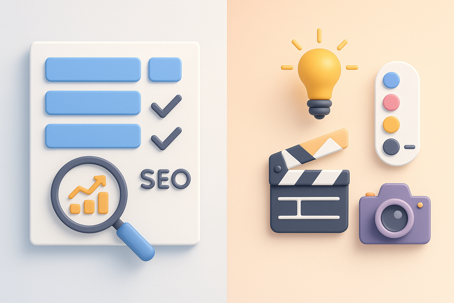 مقایسه بصری بریف محتوا و بریف خلاق؛ سمت چپ ساختار و سئو، سمت راست ایده و عناصر خلاقانه—بدون متن و افقی