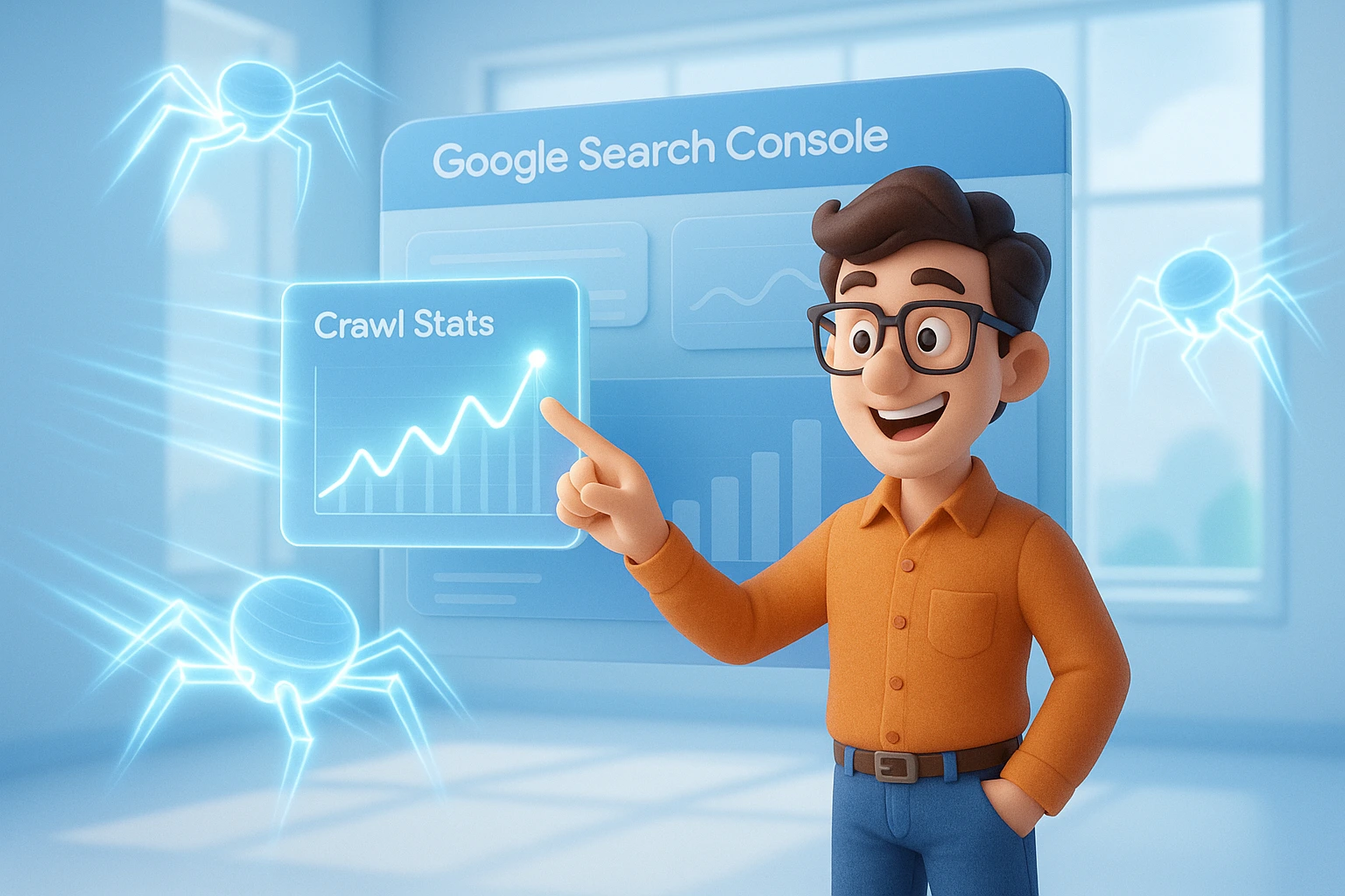 تصویری سه‌بعدی از کارشناس سئو در حال بررسی گزارش Crawl Stats در گوگل سرچ کنسول برای تحلیل رفتار ربات‌های گوگل و درک آمار خزش سایت