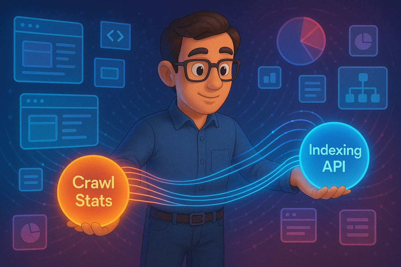 تصویر سه‌بعدی از ارتباط Crawl Stats و Indexing API در استراتژی ایندکس سریع‌تر محتوا با نمایش المان‌های نوری و ساختار داده‌ها