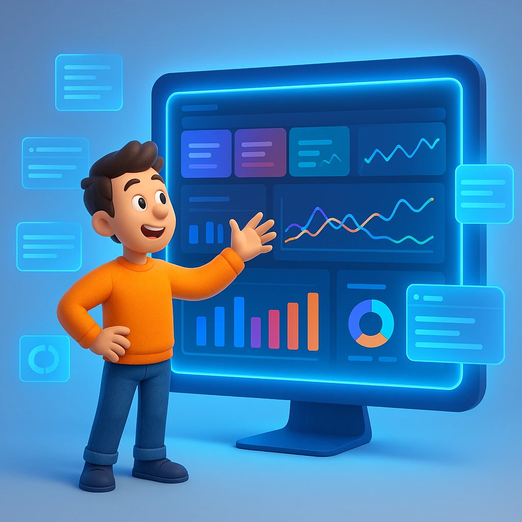 تصویر سه‌بعدی از کاراکتری که در حال بررسی داشبورد گوگل سرچ کنسول است؛ نماد شروع فرآیند اتصال سرچ کنسول به سایت و تحلیل داده‌های سئو.